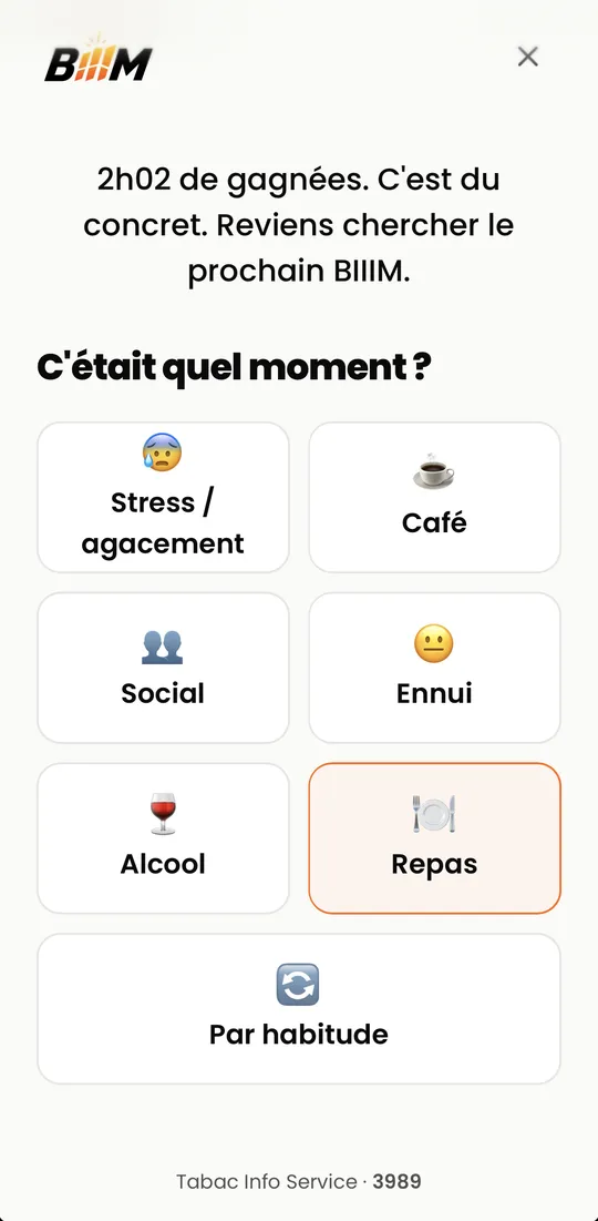 Écran « J'ai fumé » de l'app
